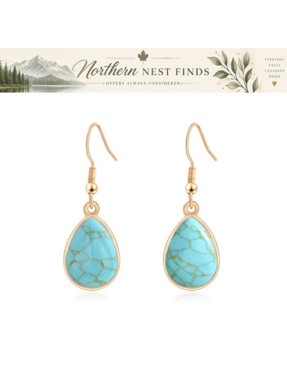 14K Gold Plated Turquoise Teardrop Dangle Earrings Handmade Drop